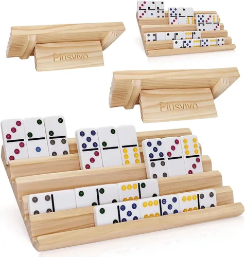 plusvivo Juego de 4 estantes de dominó con soporte, juego de dominó de tren mexicano, bandejas de madera para tren mexicano y otros juegos de dominó