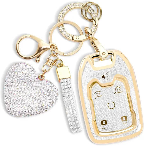 Miniatura 8 de Rislobx Funda para llavero con llavero de diamante para Chevy GMC Yukon/Yukon XL, protector de llave de automóvil con llavero de corazón