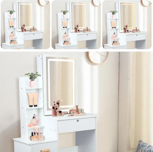 Miniatura 8 de Escritorio de tocador con espejo iluminado LED, mesa de tocador de maquillaje con 4 cajones para dormitorio, baño, tocador con luces, tocador