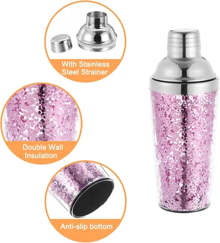 Miniatura 4 de uxcell Coctelera de plástico de 16 onzas con colador, botella mezcladora de vino de acero inoxidable para bar, fiesta, uso doméstico, mezclador