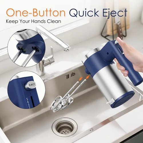 Miniatura 4 de Batidora de mano potente de 600W, batidora eléctrica de 5 velocidades para hornear, batidor de mano ligero de acero inoxidable *2 y ganchos para Azul