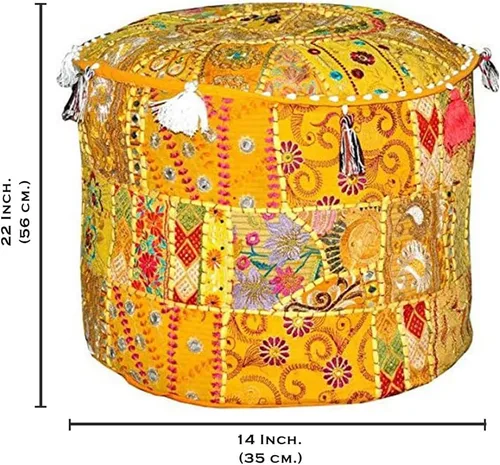 Miniatura 3 de Puf indio con reposapiés – Funda de puf otomano bordada étnica – Puf redondo de algodón – Amarillo, 22 x 14 pulgadas