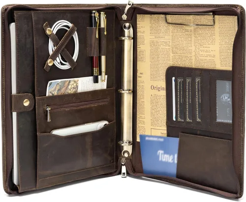 Miniatura 12 de YIWEN Portafolio de cuero genuino hecho a mano, portafolio con cremallera y carpeta de 3 anillos, organizador profesional de negocios, carpeta