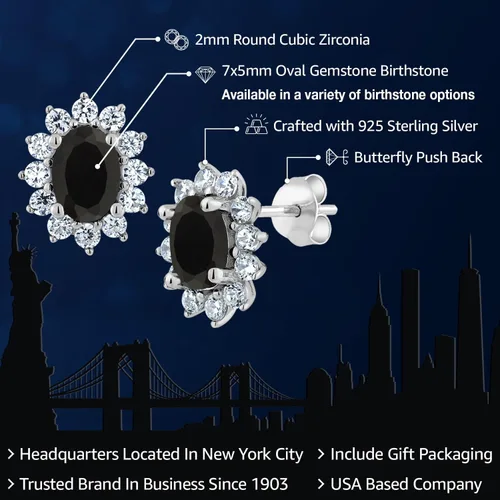 Miniatura 240 de Gem Stone King Aretes ovalados de plata de ley 925 de 0.276 x 0.197 in con piedra natal de la princesa Diana, estilo halo real para mujeres