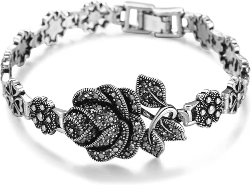 Mytys Pulseras para mujer, estilo vintage, color negro, con eslabones de cadena de plata y rosa, diseño de marcasita, pulseras de regalo de joyería