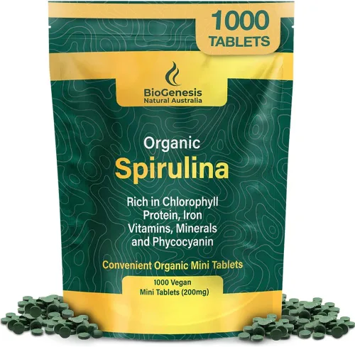 Miniatura 9 de Biogenesis Mini tabletas de espirulina orgánica, 300 unidades (200 mg) Algas azul-verdes cultivadas en Australia Ricas en ficocianina, clorofila