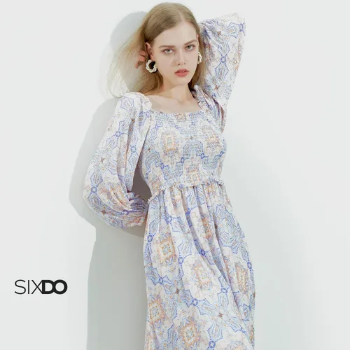 Miniatura 2 de Womens 2025 Midi Dresses Smocked Long Sleeve Floral Elastic Cuffs Square Neck Casual Beach Work Office Wear