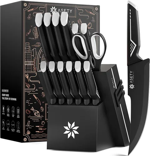Miniatura 13 de Juego de cuchillos de cocina con bloque - Juego de 15 cuchillos con afilador incorporado, apto para lavavajillas, cuchillos de cocina de acero