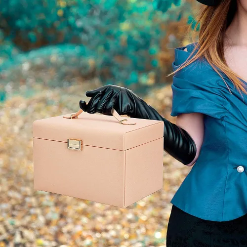 Miniatura 6 de FEISCON Joyero organizador de reloj estuche grande para joyas gafas de sol caja de almacenamiento de cuero organizador de aretes rosa