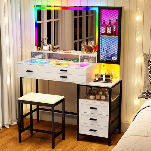 Miniatura 13 de Lvifur RGB Escritorio de Tocador - con Espejo y Luces, Juego de Mesa de Tocador con 7 Luces Dinámicas y 24 Estáticas Atenuables con Estación
