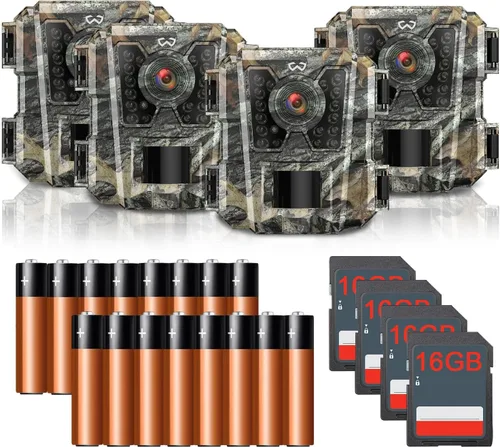 WOSODA Paquete de 4 Mini Cámaras de Rastreo 24MP 1080P HD, Cámara de Caza con Tarjeta SD, Cámara Pequeña para Ciervos Resistente al Agua con Visión