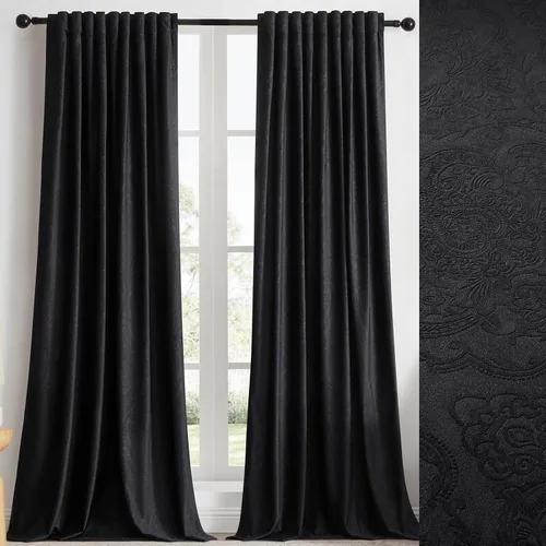 GIGIZAZA Cortinas de terciopelo negro de 72 pulgadas de largo para sala de estar, 2 paneles de cortinas vintage de lujo con estampado floral en