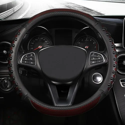 Miniatura 2 de Funda para volante de automóvil con masaje 3D, 14.5-15 pulgadas, fundas universales de cuero de fibra de carbono marrón, transpirables