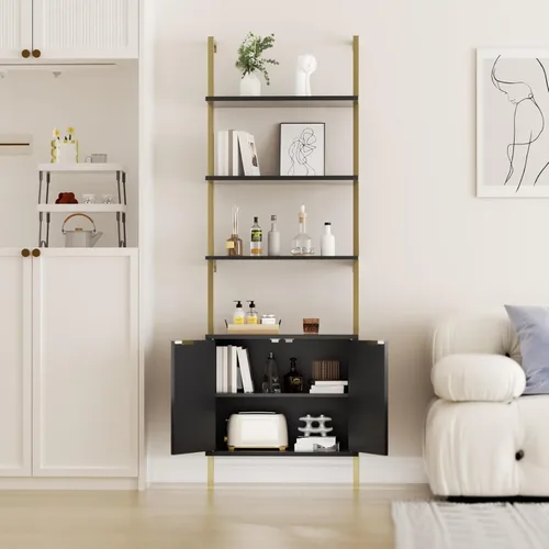 Miniatura 7 de Estantería de escalera con gabinete, estantería de pared de 71 pulgadas de alto con estantes y almacenamiento, estante de escalera estriado
