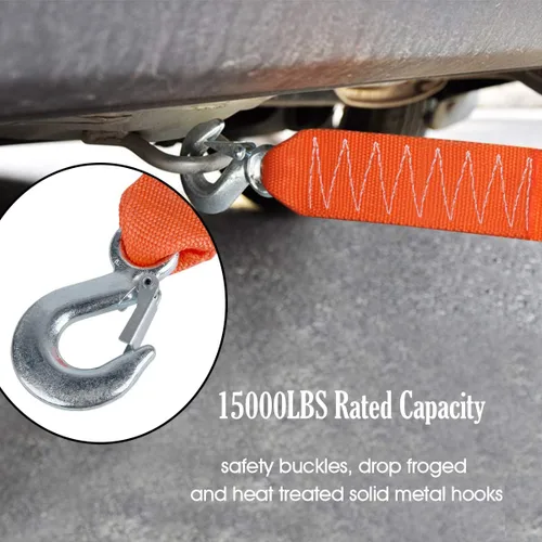 Miniatura 5 de Correa de remolque resistente con ganchos de 2 pulgadas x 20 pies, 15,000 libras, correa de remolque de 6,8 toneladas con ganchos de seguridad