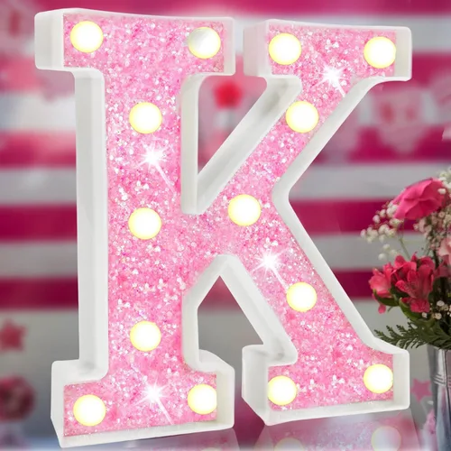 Miniatura 23 de Letras rosas iluminadas, letras del alfabeto con purpurina, letras LED de marquesina, que funcionan con pilas, para iluminar por la noche