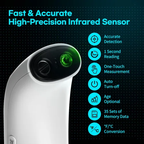 Miniatura 3 de HubiBaby - Termómetro infrarrojo sin contacto para adultos, termómetro digital preciso para la frente, pantalla LED grande, alarma de fiebre