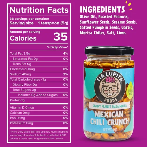 Miniatura 2 de Tía Lupita Mexican Chili Crunch – Salsa Macha, Aceite de Chile Morita Crujiente Sin gluten, sin OMG, vegano Variedad de arándano y maní