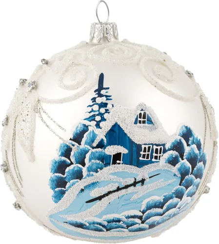 Miniatura 48 de Adorno navideño de capilla azul con soporte, bola de vidrio soplado polaco pintada a mano, bola extra grande de 8 pulgadas/200mm, adorno de fe eterna