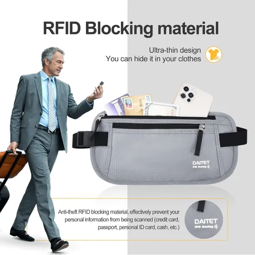 Miniatura 15 de DAITET Cinturón de dinero, soporte para pasaporte, cartera de viaje oculta segura con bloqueo RFID, riñonera encubierta (negro), Negro, Rfid