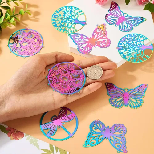 Miniatura 82 de FASHEWELRY 16 dijes de plumas de arco iris de acero inoxidable con alas de filigrana, adornos de metal de 4 colores para hacer joyas, pulseras