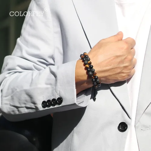 Miniatura 7 de Pulsera de triple protección para hombres y mujeres, auténtico ojo de tigre, ónix negro y roca de lava de 0.315 in, hecha a mano, pulsera de cuentas