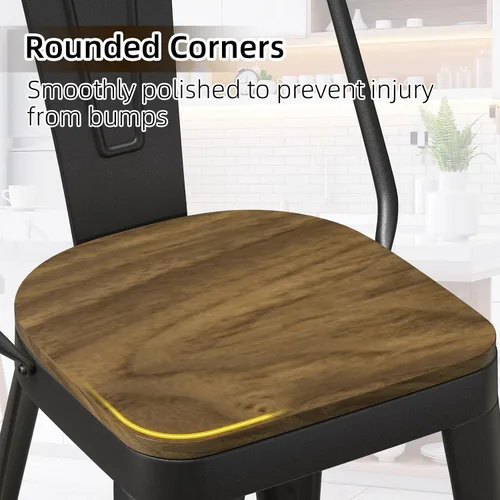 Miniatura 5 de Juego de 4 taburetes de bar de metal, taburetes de bar con respaldo alto con asiento de madera, taburetes de bar negros de 24 pulgadas para isla