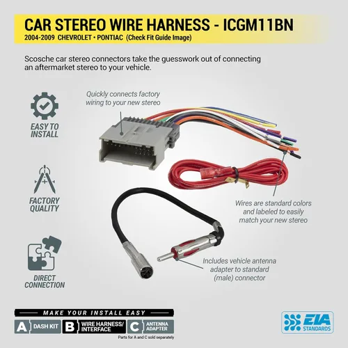 Miniatura 7 de Scosche ICGM11BN Kit completo de instalación básica doble DIN para vehículos Chevrolet y Pontiac 2004-09 seleccionados no amplificados - Kit