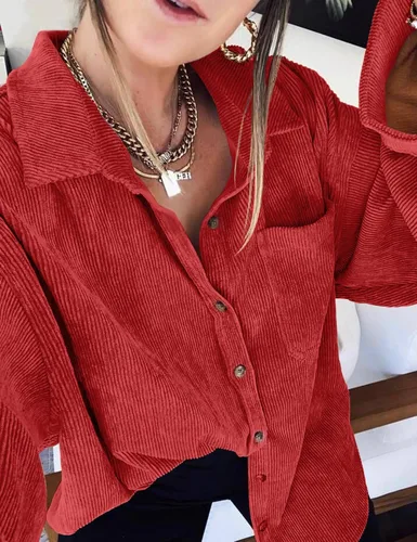 Miniatura 6 de Saslax Camisa de pana para mujer, de manga larga, con botones, cuello en V, holgada, chaqueta