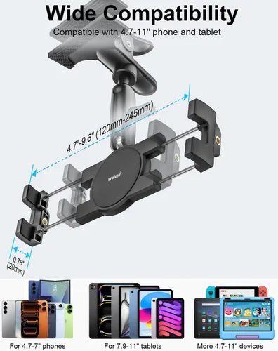 Miniatura 7 de Soporte para tablet para visera solar de automóvil, brazo mágico de metal, soporte de tableta ajustable de 360° con abrazadera ultra estable