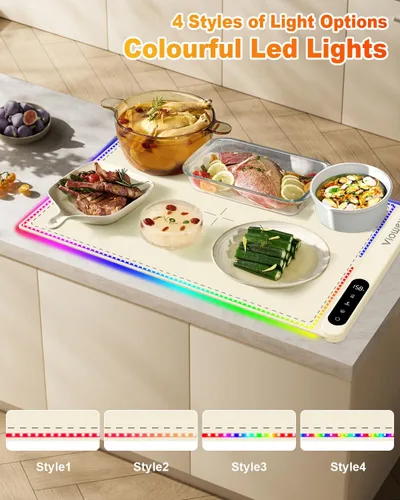 Miniatura 3 de Tapete de calentamiento de alimentos con luz, bandeja de calentamiento eléctrica con 6 ajustes de temperatura y temporizador de 6 horas, película