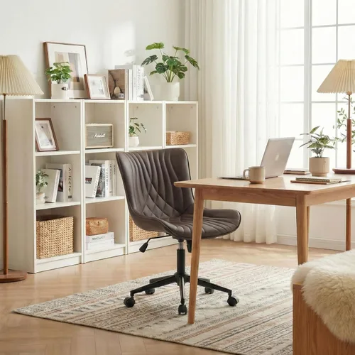 Miniatura 4 de YOUNIKE Silla de oficina marrón, silla de escritorio sin brazos con ruedas, sillas de tareas de oficina en casa, moderna silla mecedora giratoria