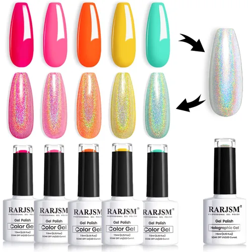 Miniatura 8 de RARJSM Juego de esmaltes de gel holográfico, color verde turquesa, kit de esmalte de uñas de gel con purpurina, colección de verano, 6