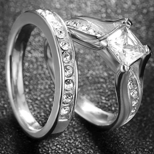 Miniatura 5 de Anillo de acero inoxidable de corte princesa, anillo de boda, compromiso, aniversario, propuesta, eternidad, halo