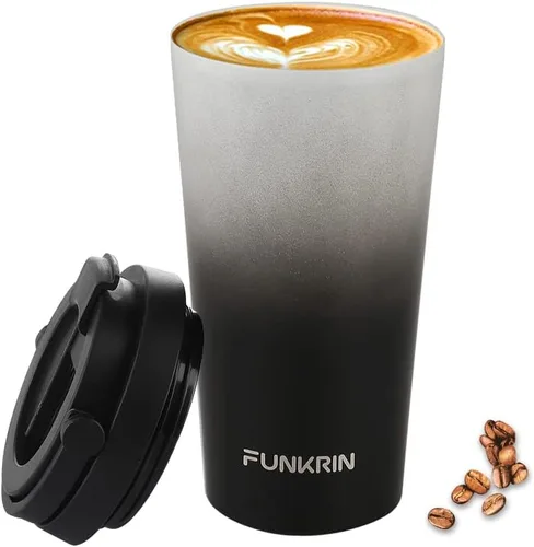 Miniatura 8 de Funkrin Taza de café aislada con revestimiento de cerámica, taza de café helado de 16 onzas con tapa abatible y asa, taza de viaje a prueba de fugas