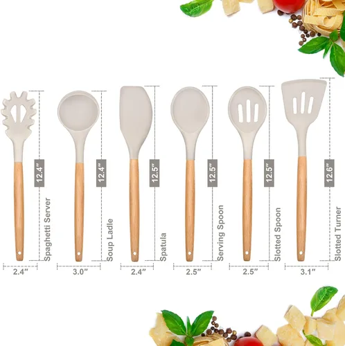 Miniatura 2 de E-far Juego de 6 Utensilios de Cocina, Utensilios de Cocina de Silicona con Mango de Madera, Compatibles con Utensilios de Cocina Antiadherentes