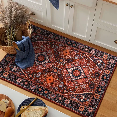 Miniatura 14 de Beeiva Alfombra vintage de interior para entrada, alfombra de pelo bajo lavable de 2 x 3 pies con parte trasera antideslizante, tapete pequeño