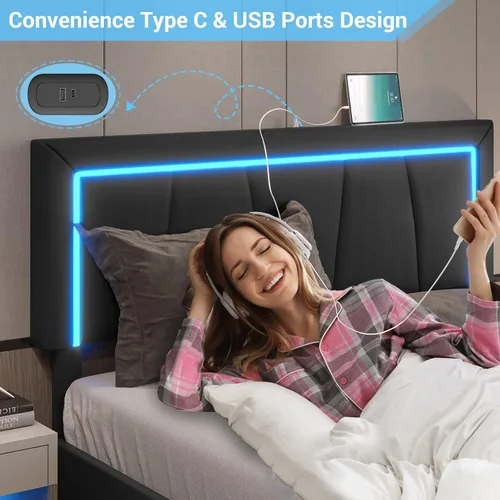 Miniatura 5 de DICTAC Marco de cama tamaño completo con cabecera y 4 cajones de almacenamiento, moderna plataforma de cama tapizada en cuero sintético