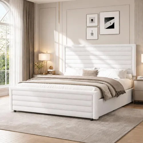 Miniatura 9 de REVOMINCA Armazón de cama tamaño completo (Full Size), plataforma tapizada con cabecera y pie de cama de terciopelo, base de colchón con listones