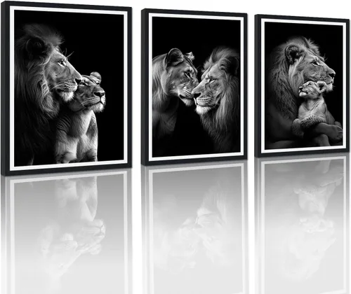 Miniatura 33 de 3 piezas modernas de lienzo de león de animales salvajes, pinturas de retratos de familia de leones, decoración de pared, obras de arte de sala