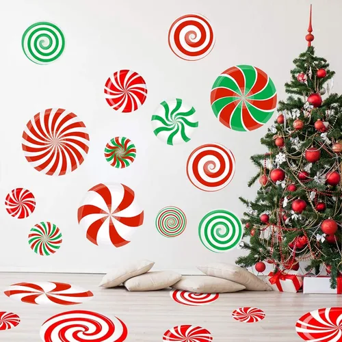 54 piezas de calcomanías adhesivas de Navidad para pared con decoración de caramelo de Navidad, calcomanías adhesivas de caramelo de menta para Rojo