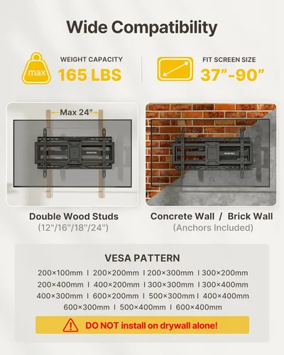Miniatura 2 de monTEK - Soporte de pared para TV de alta resistencia para televisores de 37 a 90 pulgadas de hasta 75 kg, probado para 4 veces la carga, brazos