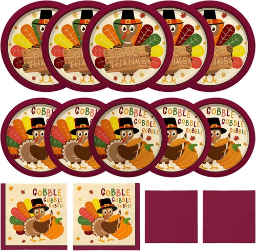 Kit de suministros para fiesta de Acción de Gracias con tema de pavo, vajilla desechable de otoño incluye, platos de papel para cena, platos de