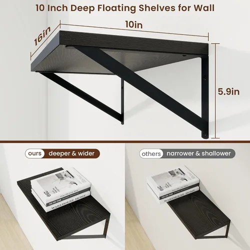 Miniatura 3 de Axeman Estantes flotantes profundos Juego de 2 estantes de pared negros de 16 pulgadas Estantes flotantes de madera de 10 pulgadas