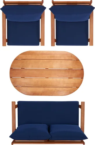 Miniatura 7 de SAFAVIEH Deacon - Juego de conversación de 4 piezas para exteriores, marrón y azul marino, madera maciza, diseño costero de listones con cojines