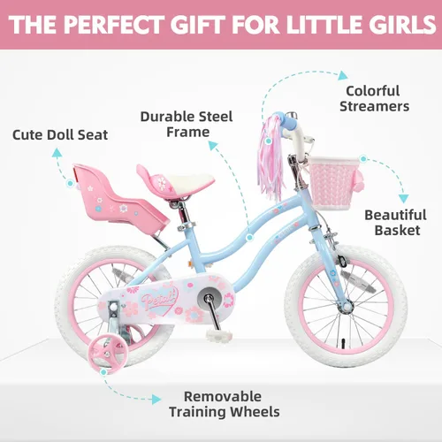 Miniatura 2 de Glerc Petal Girls Bike 12-18 Inch for Ages 2-9, Kids Bike with Training Wheels, Basket & Streamers, Princess Style Kids Bicycle, for Girls