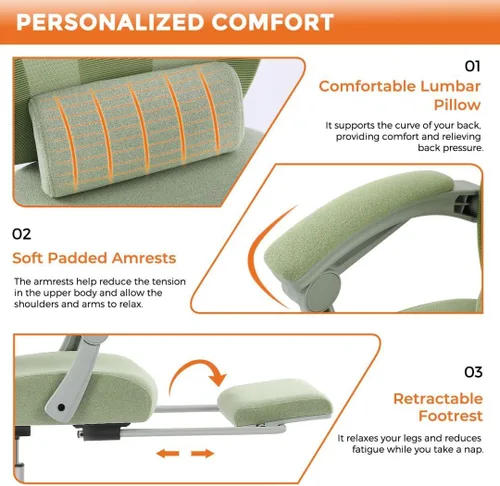 Miniatura 5 de Silla ergonómica de escritorio para computadora de oficina con almohada lumbar y reposapiés retráctil, sillones giratorios de malla con respaldo