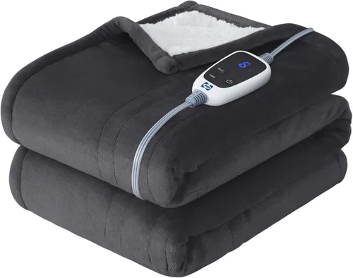 Miniatura 19 de Manta eléctrica SEALY tamaño King, manta térmica de franela y Sherpa con 10 niveles de calor y apagado automático de 1-12 horas, manta cálida