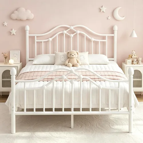 Miniatura 9 de LOEWAY Base de cama de metal tamaño individual con cabecero y estribo clásicos, marco de cama de plataforma para niños, soporte de listones de metal