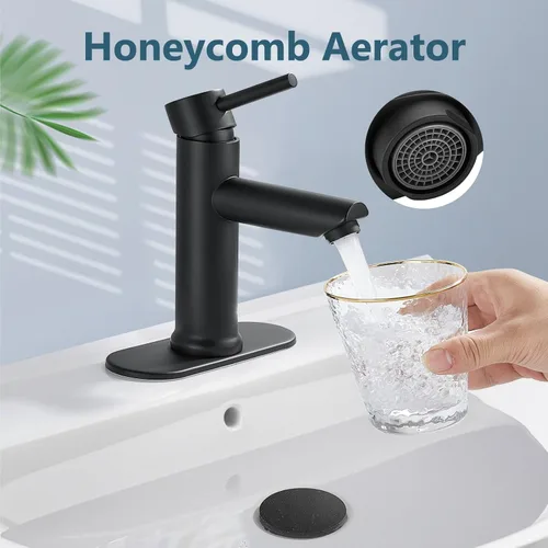 Miniatura 3 de Aolemi Grifo de baño de un solo agujero, grifo de lavabo de baño de una sola manija con líneas de suministro, con drenaje desplegable y placa